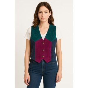 G-III Suede Vest Womens Medium Multicolor Colorblock Leather Vintage 90s Boho